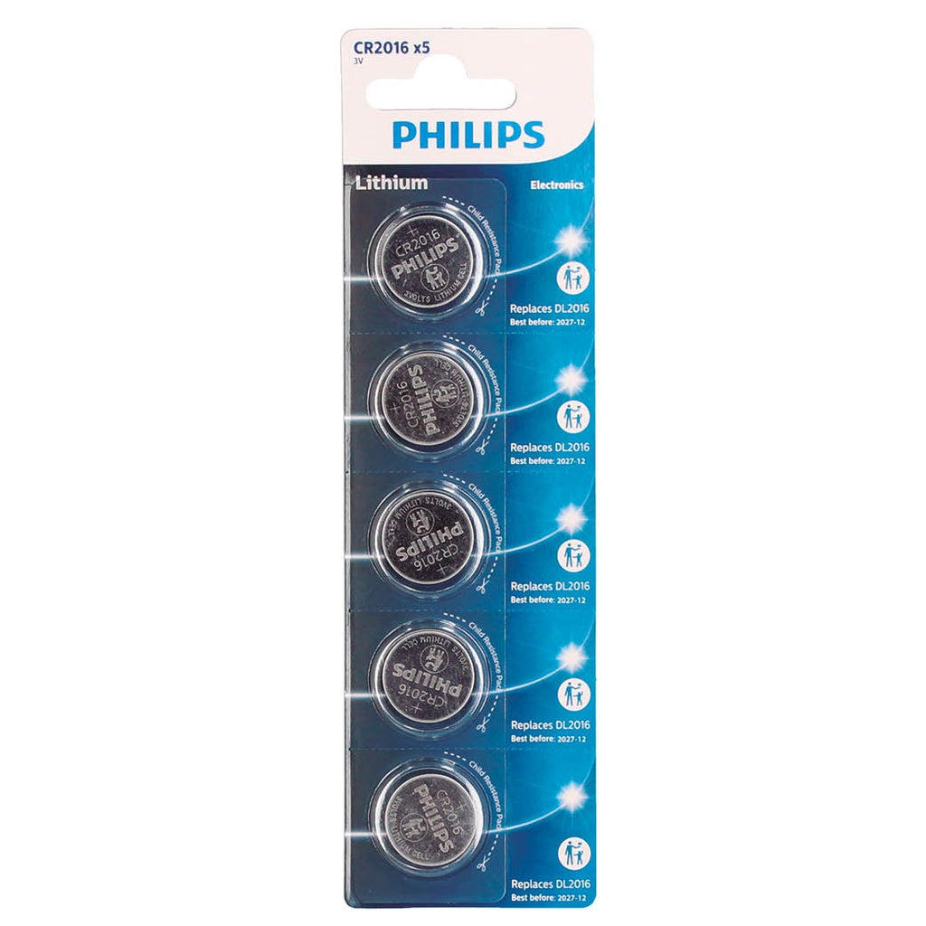 Blister 5 Pilhas botão lítio Philips CR2016.