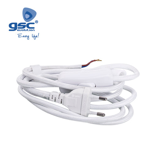 Câble textile 1.5M (2x0.75mm) fiche + int Blanc