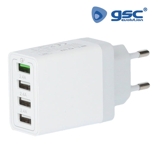 Carregador de 230V para 4 USB: 1xQC3.0 + 3x2.4A