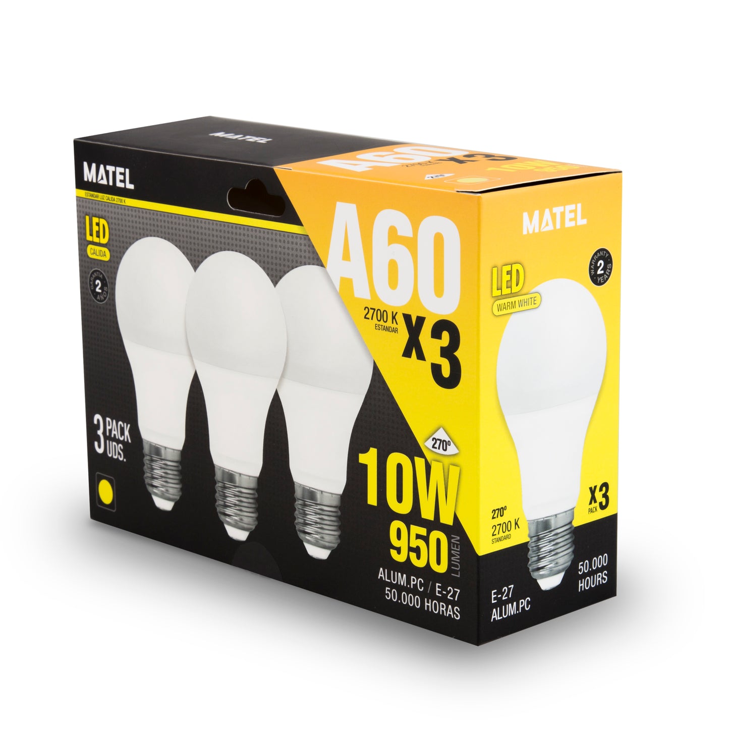 LAMPE LED CHAUDE MATEL STANDARD E27 10W (3 UNITÉS)