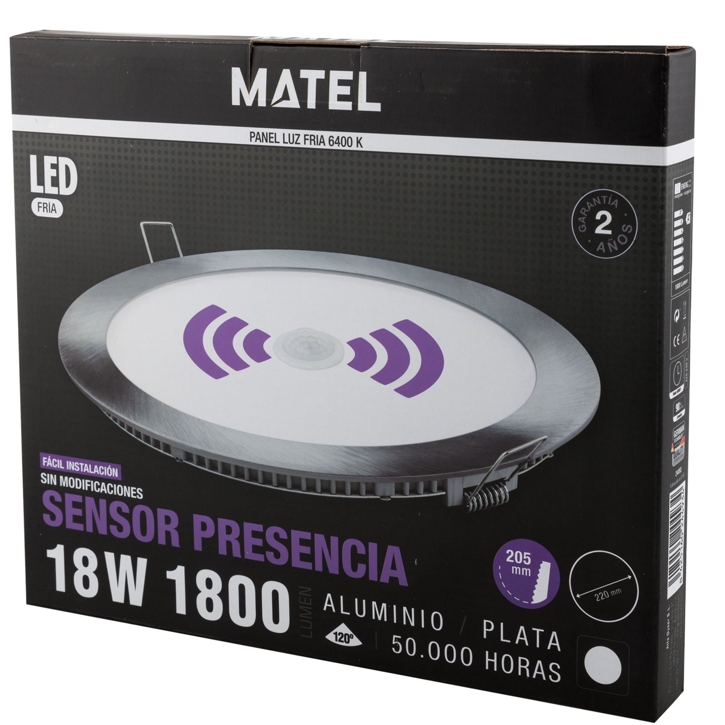 PLACA LED ULTRA FINA PRATA BRANCO REDONDA PLANA 120º EM ALUMÍNIO COM SENSOR 230V AC