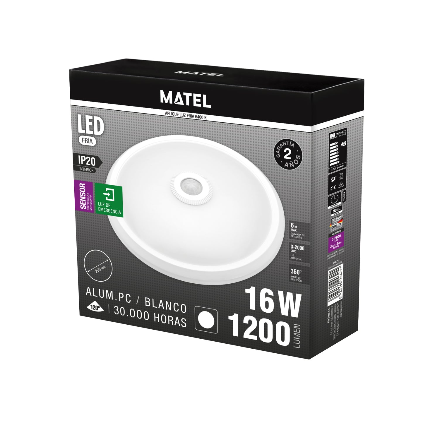 LÂMPADA DE PAREDE LED REDONDA COM SENSOR IP20 EMERGÊNCIA 16W FRIO