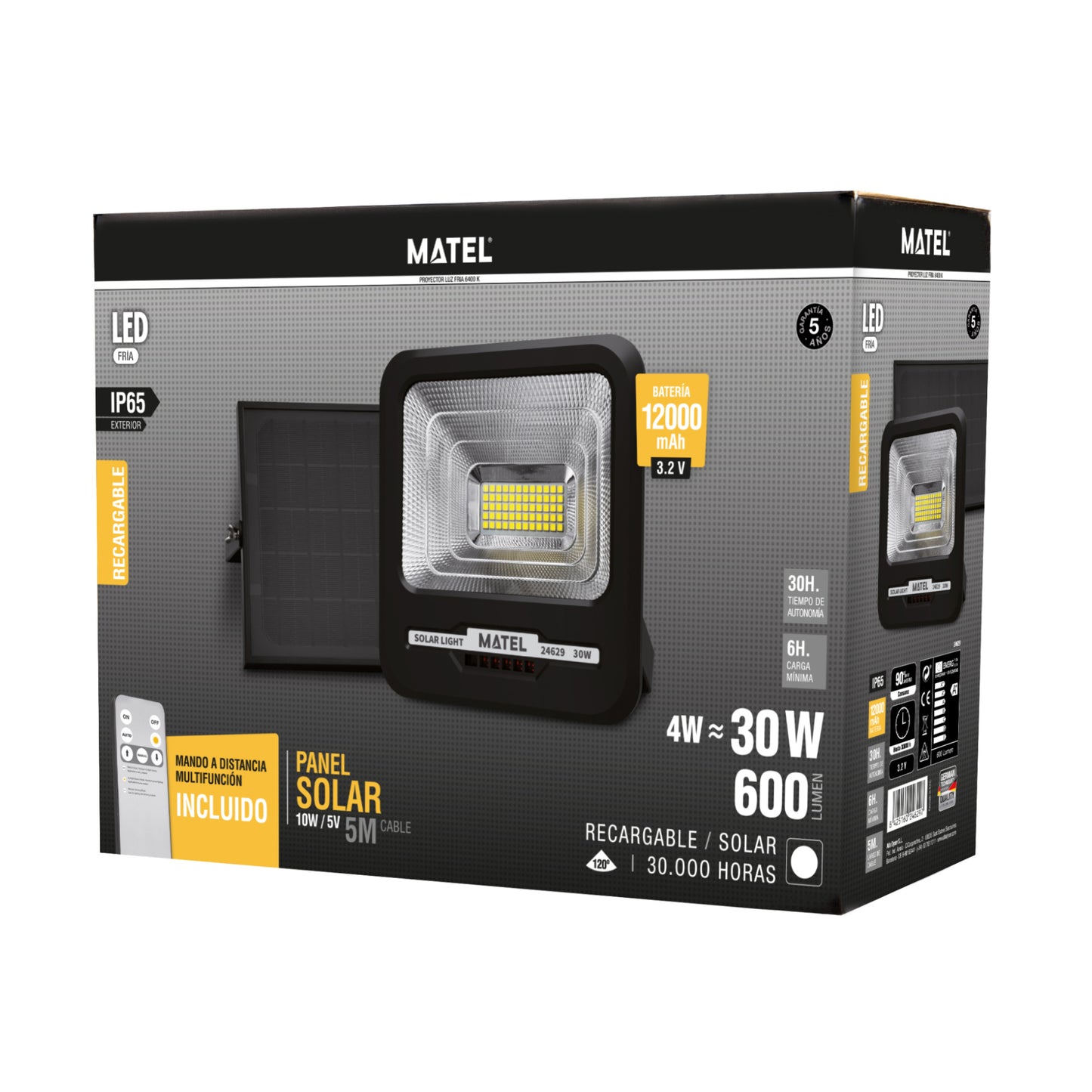 PROJETOR DE LED SOLAR RECARREGÁVEL PRETO 4-30W FRIO