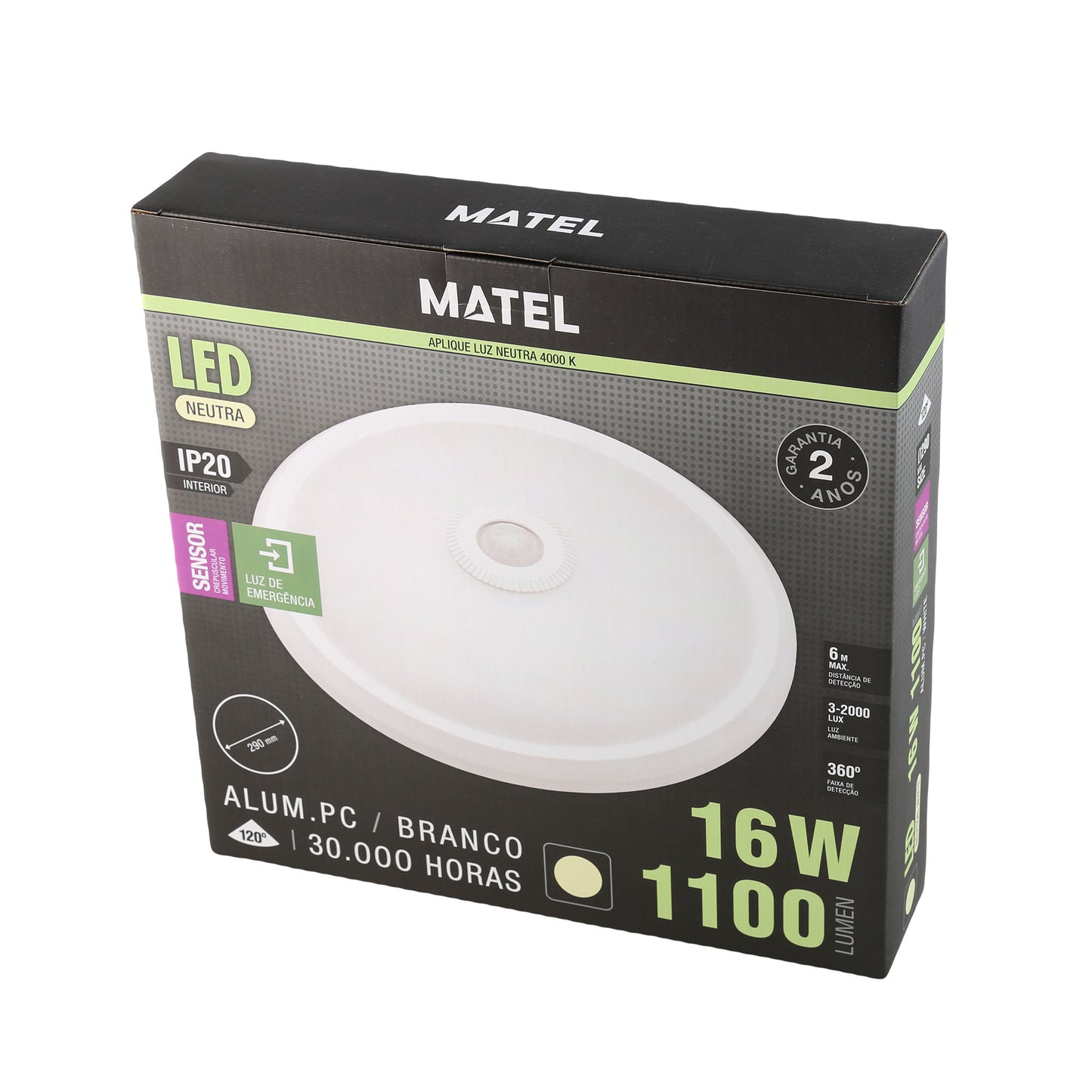 LÂMPADA DE PAREDE LED REDONDA COM SENSOR IP20 EMERGÊNCIA 16W NEUTRO