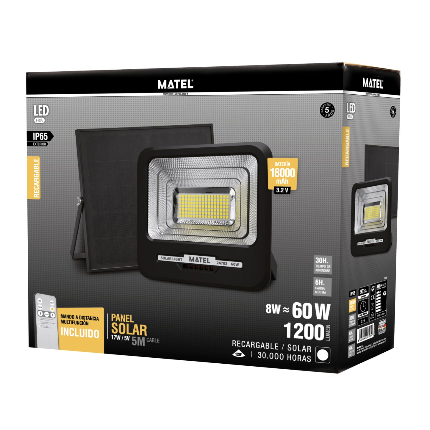 PROJETOR DE LED SOLAR RECARREGÁVEL PRETO 8-60W FRIO