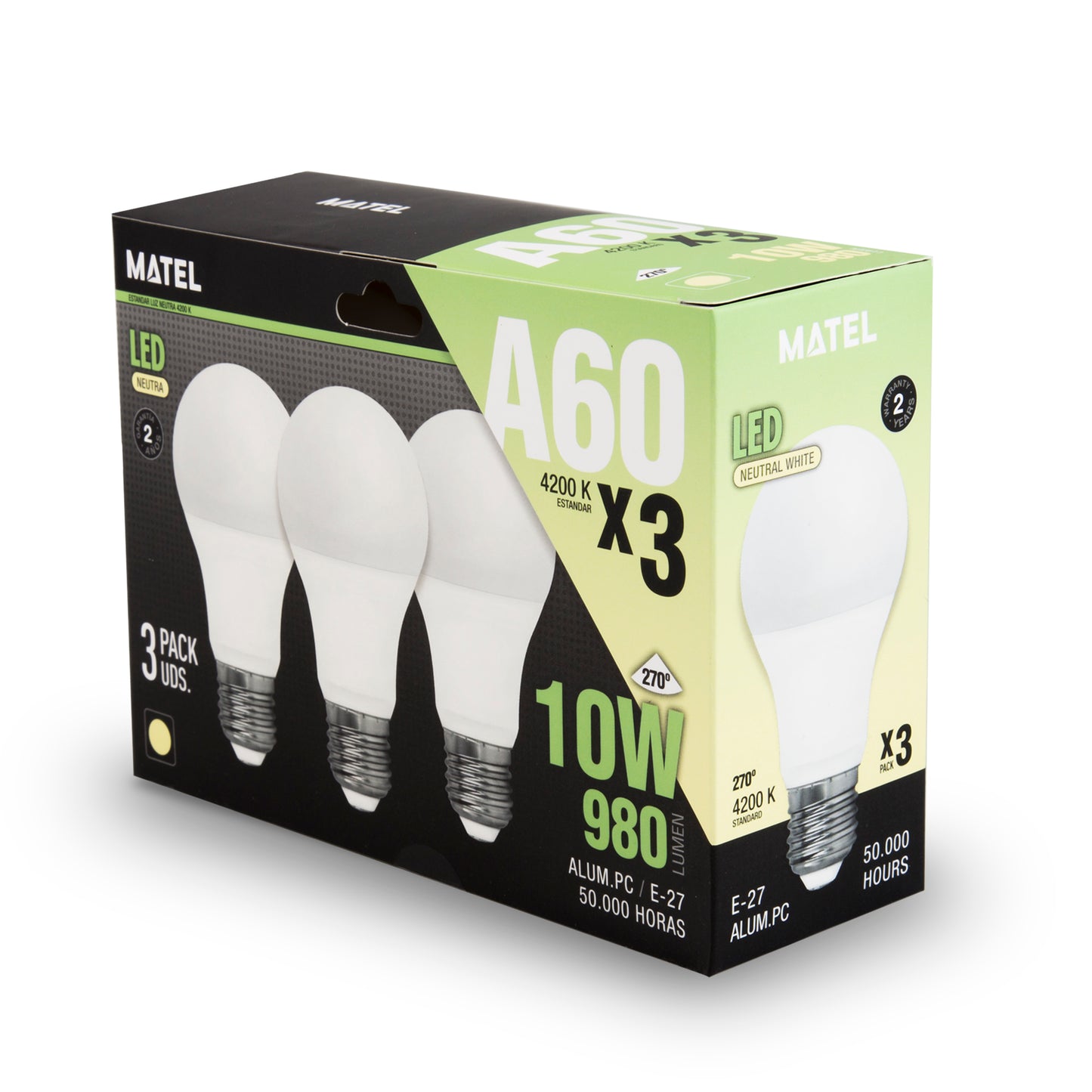 LÂMPADA DE LED NEUTRA MATEL STANDARD E27 10W (3 UNIDADES)
