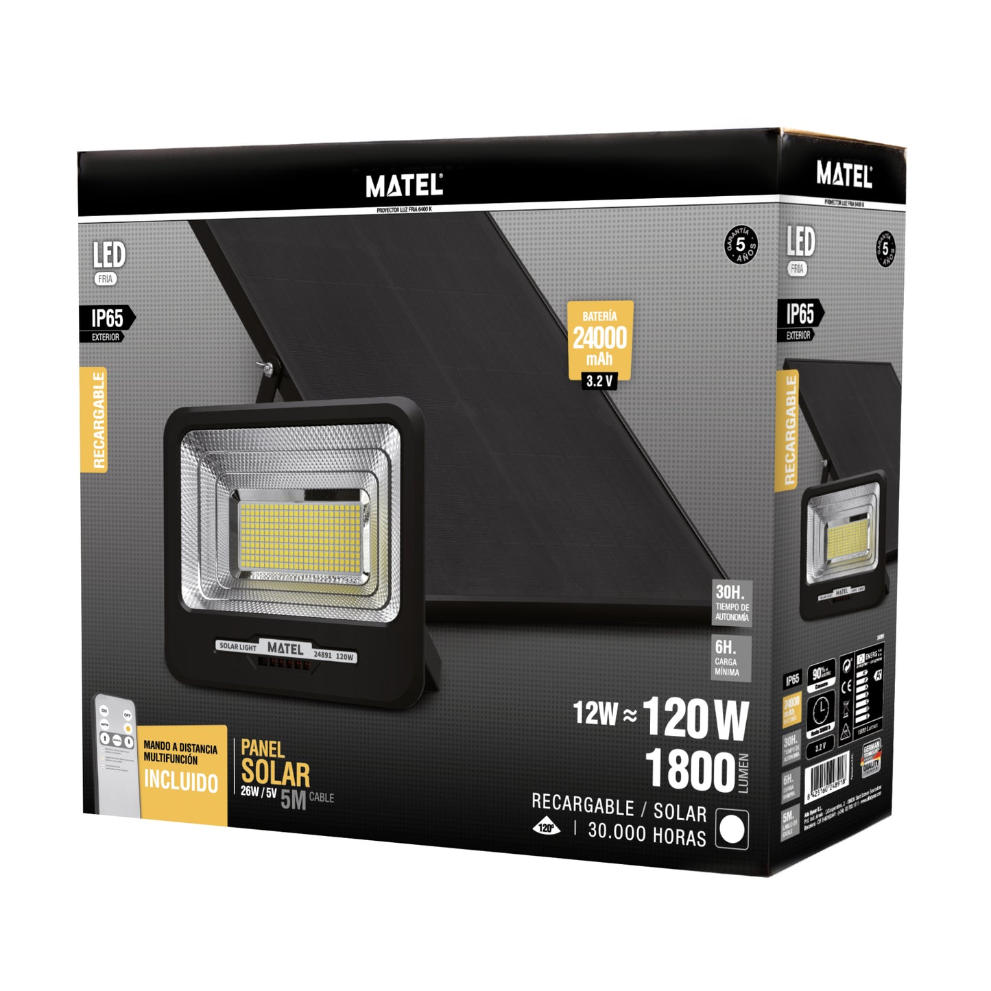 PROJETOR DE LED SOLAR RECARREGÁVEL PRETO 12-120W FRIO