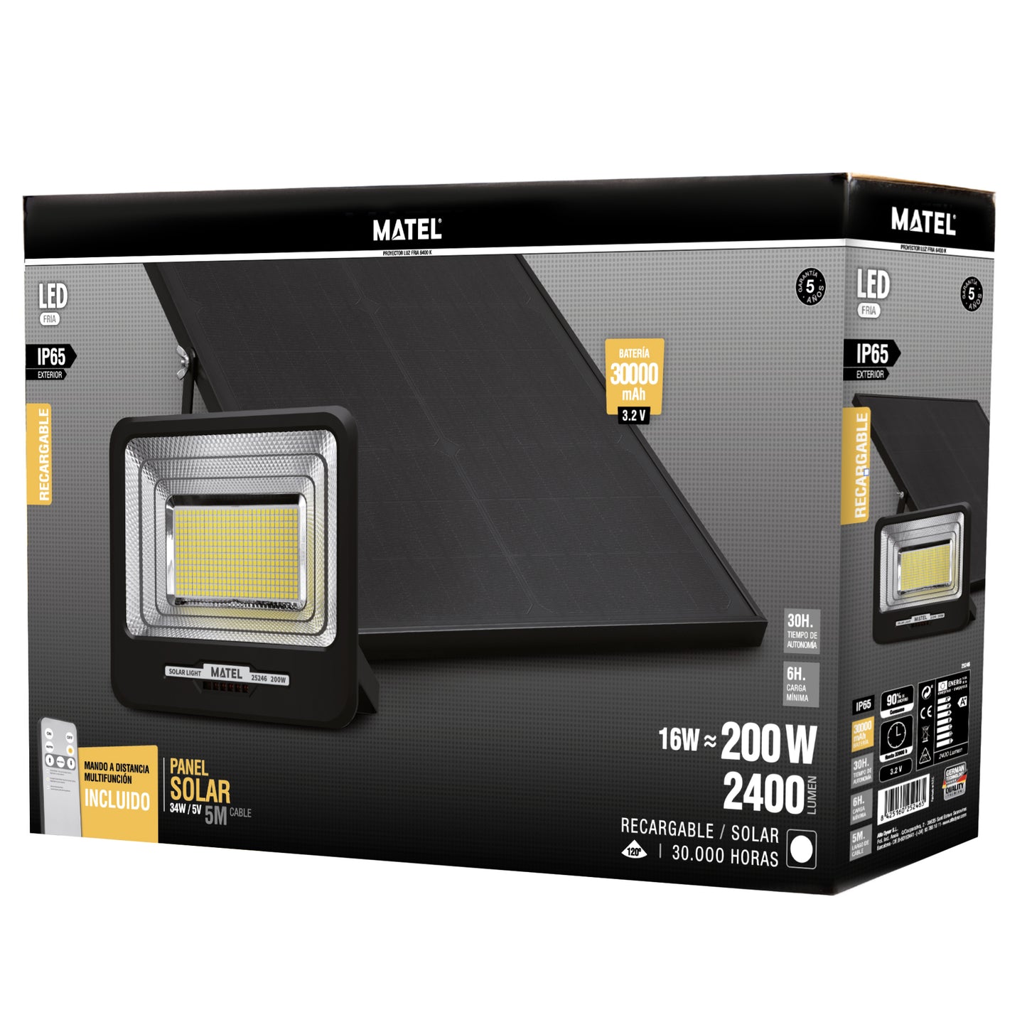 PROJETOR DE LED SOLAR RECARREGÁVEL PRETO 16-200W FRIO