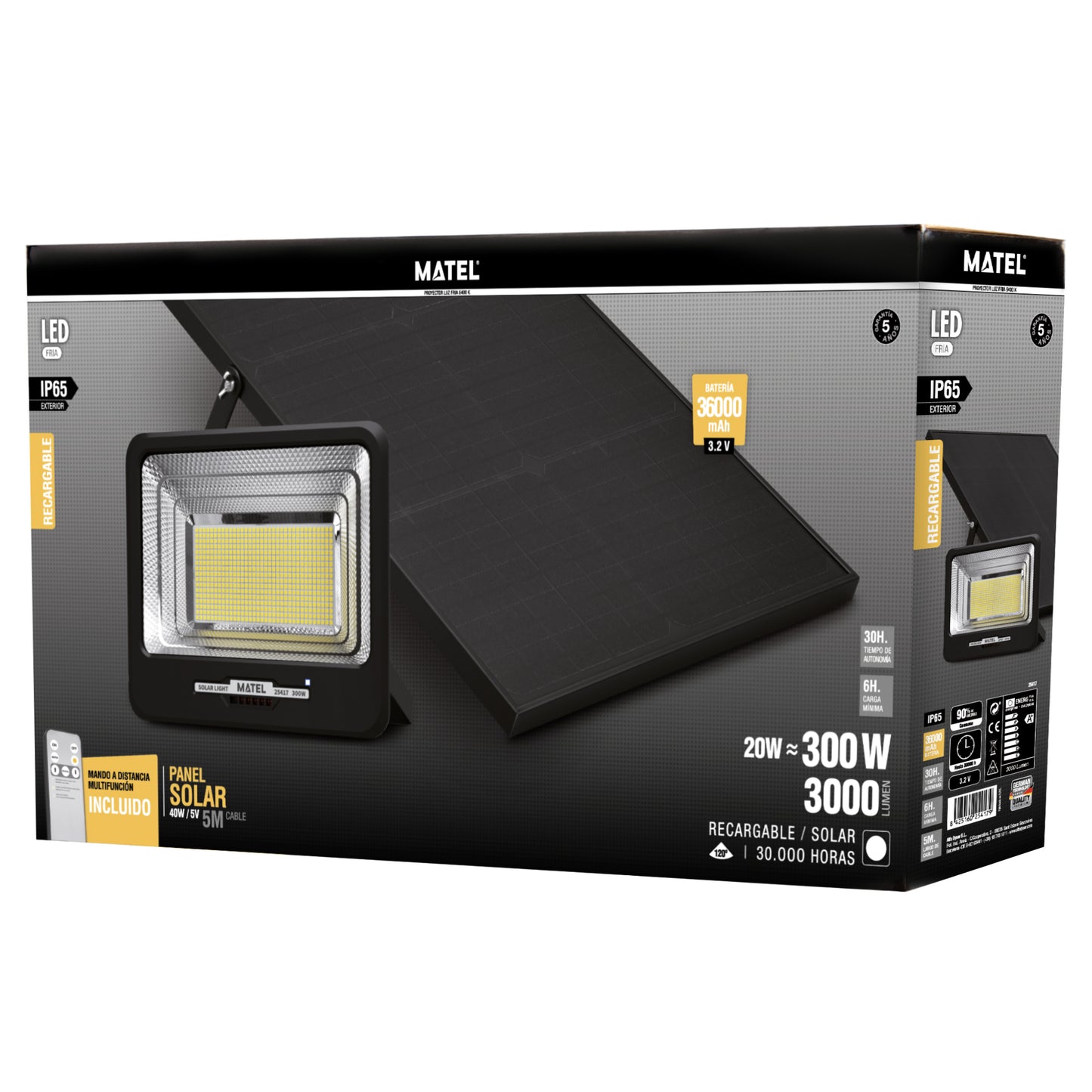 PROJETOR DE LED SOLAR RECARREGÁVEL PRETO 20-300W FRIO