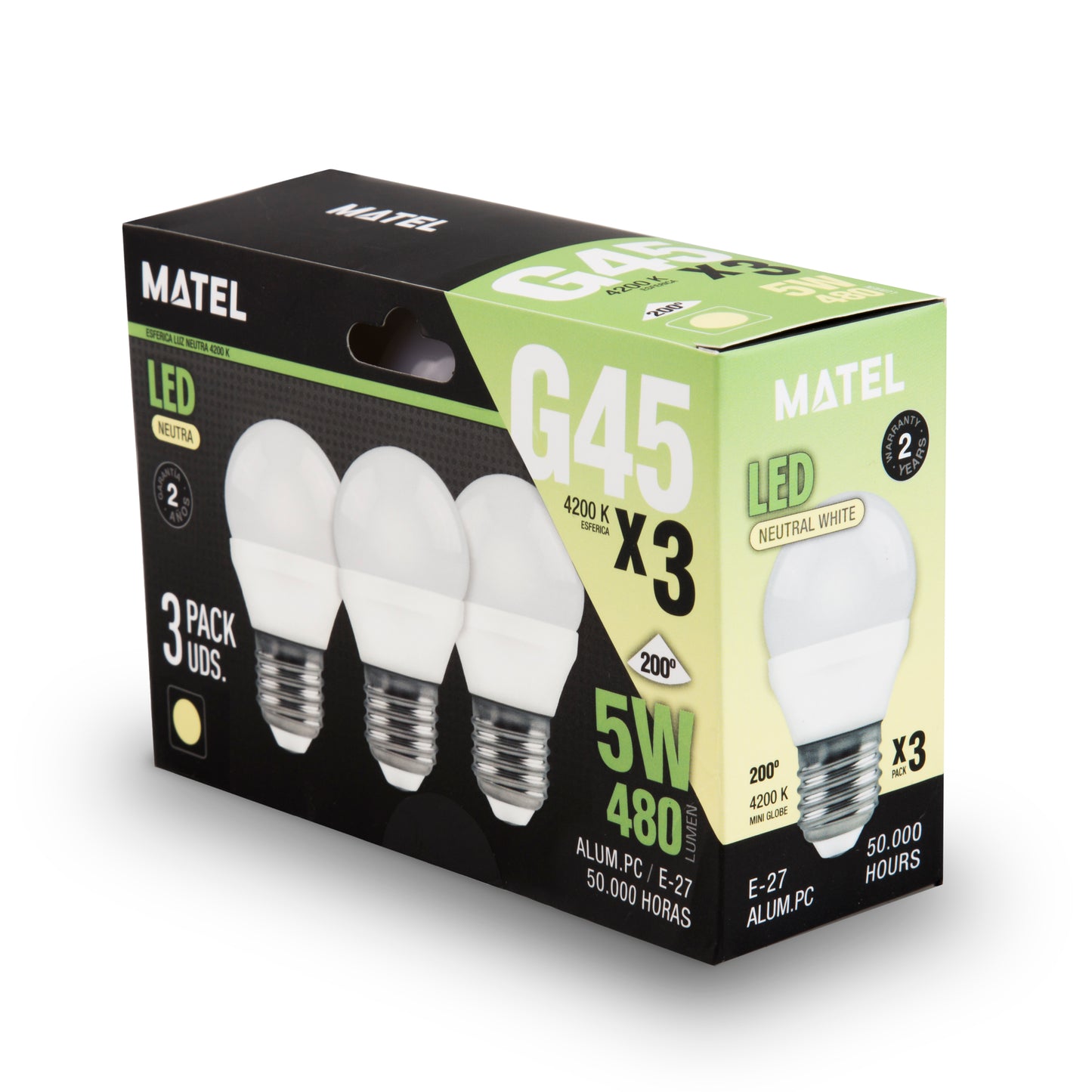 MATEL E27 LAMPE LED SPHÉRIQUE NEUTRE 5W (3 UNITÉS)