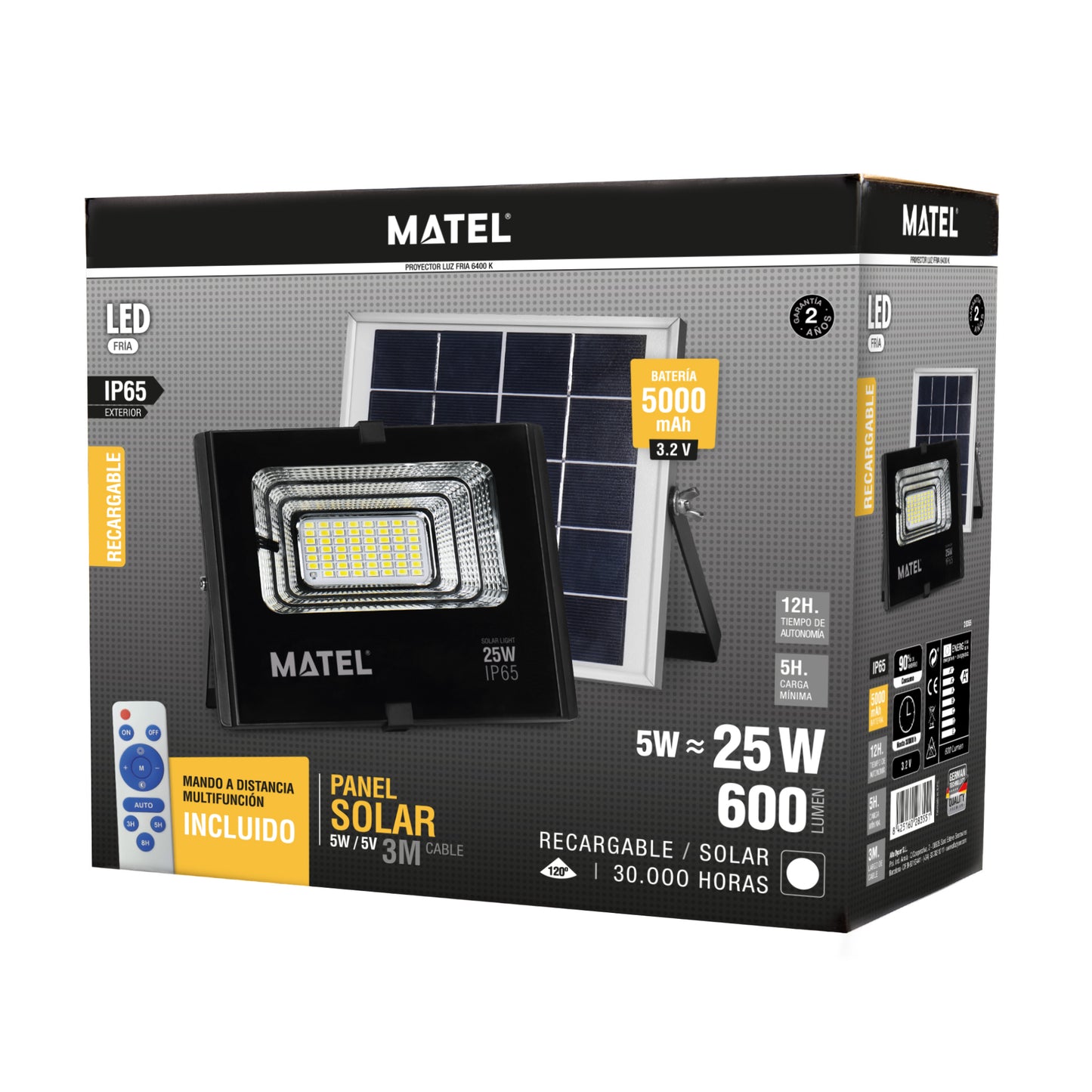 PROJETOR DE LED SOLAR RECARREGÁVEL 5-25W FRIO - MATEL