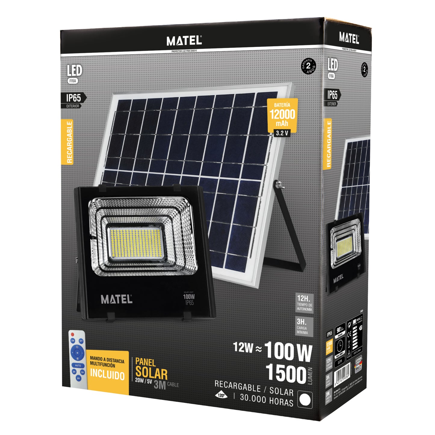 PROJETOR DE LED SOLAR RECARREGÁVEL 12-100W FRIO