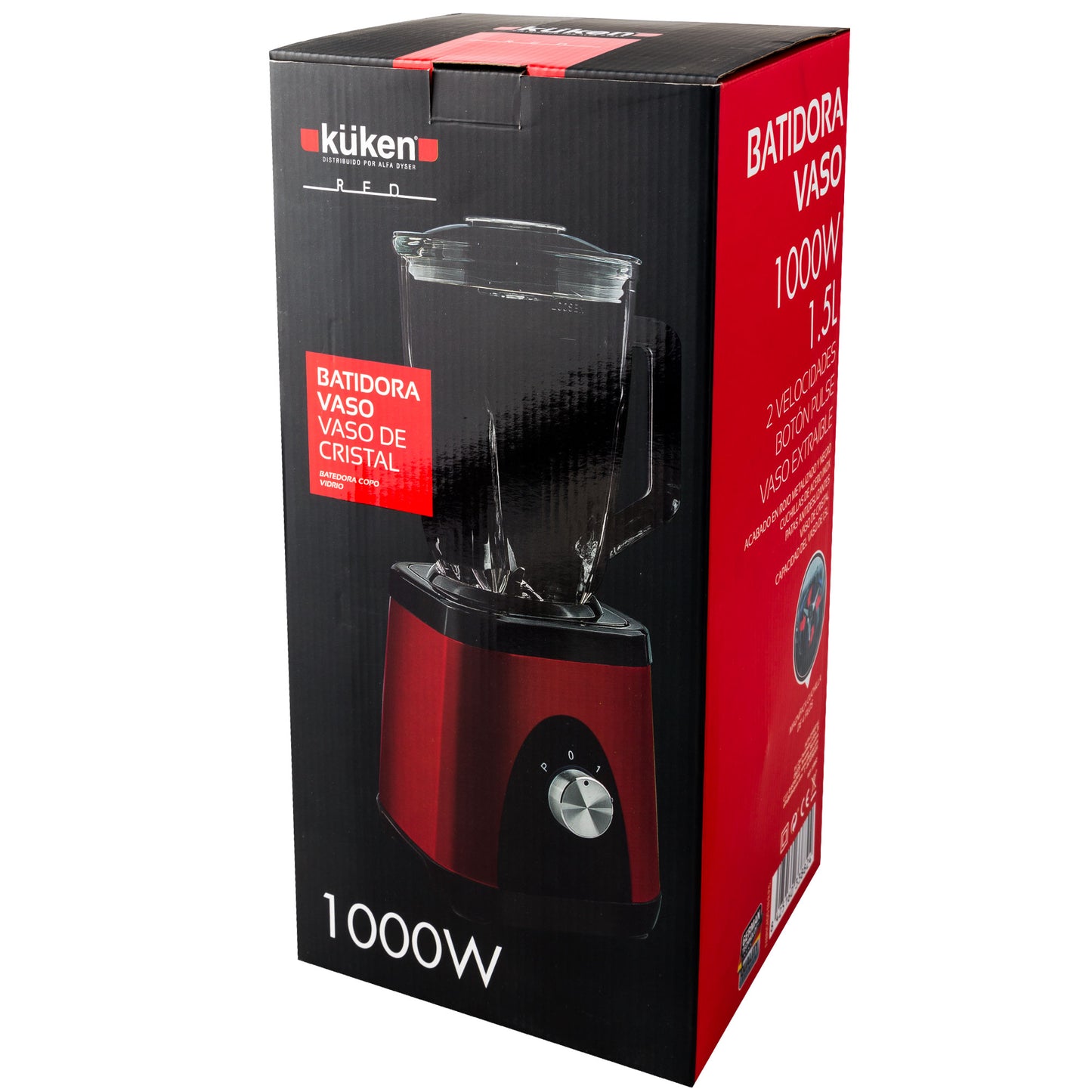 LIQUIFICADORA KUKEN DE VIDRO CRISTAL VERMELHO 1000W 1.5L