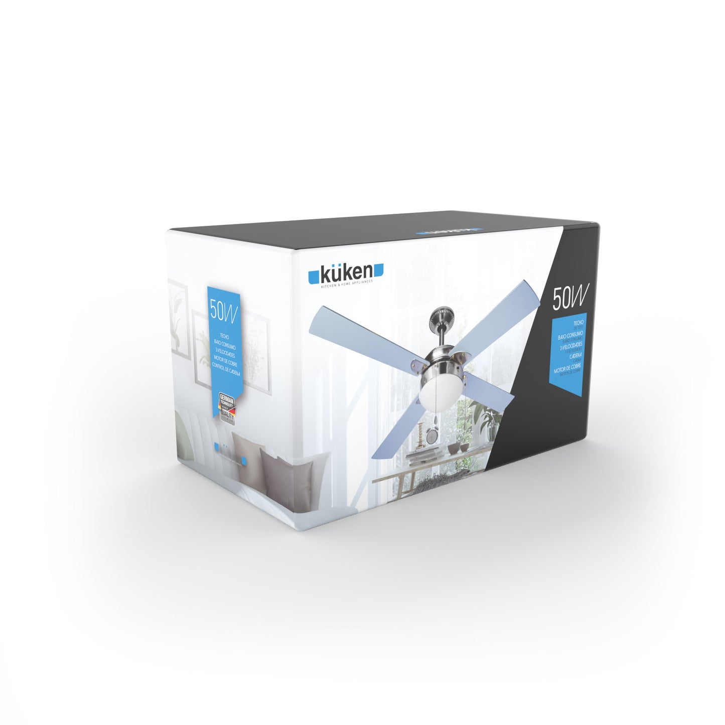 VENTILADOR DE TETO COM LUZ KÜKEN 4 LÂMINAS CROMADAS