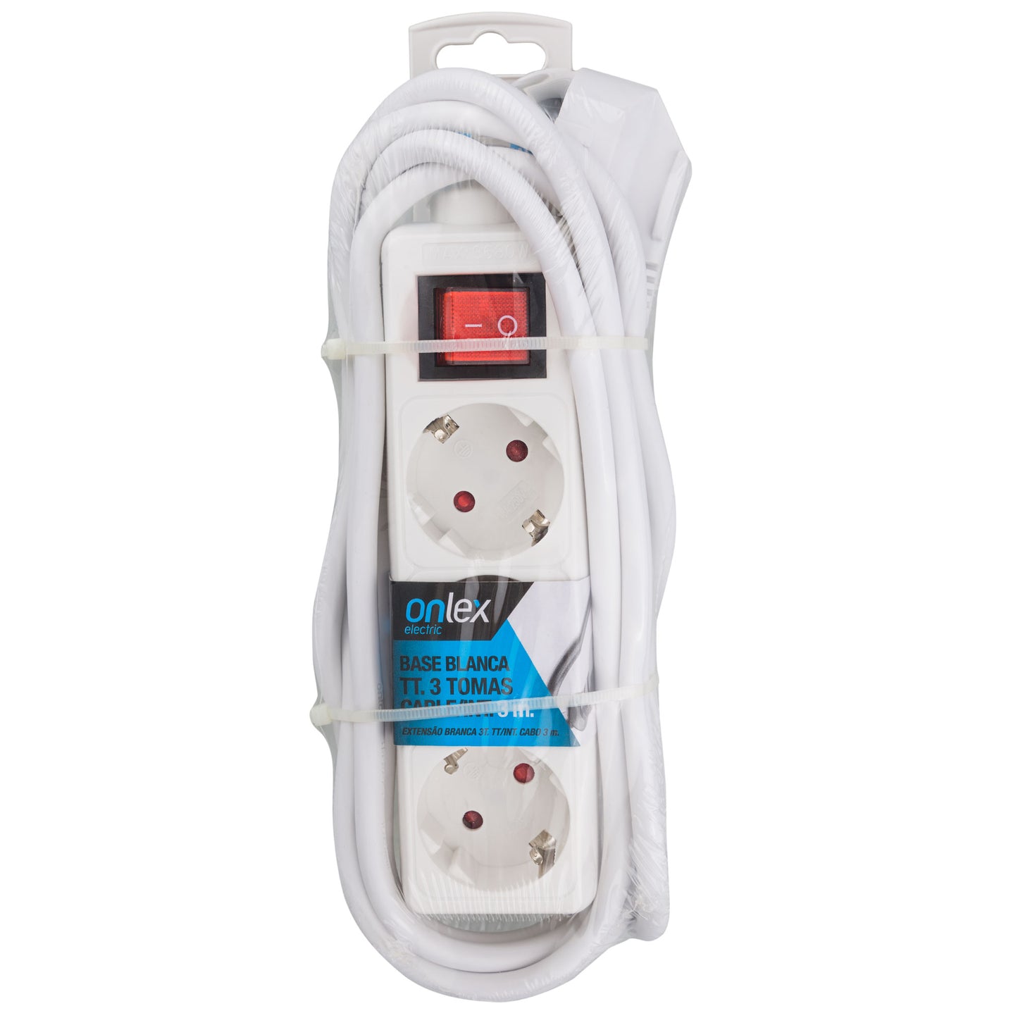 EXTENÇÃO ELÉTRICA COM BASE BRANCA 3 TOMADAS COM INTERRUPTOR E CABO 3M