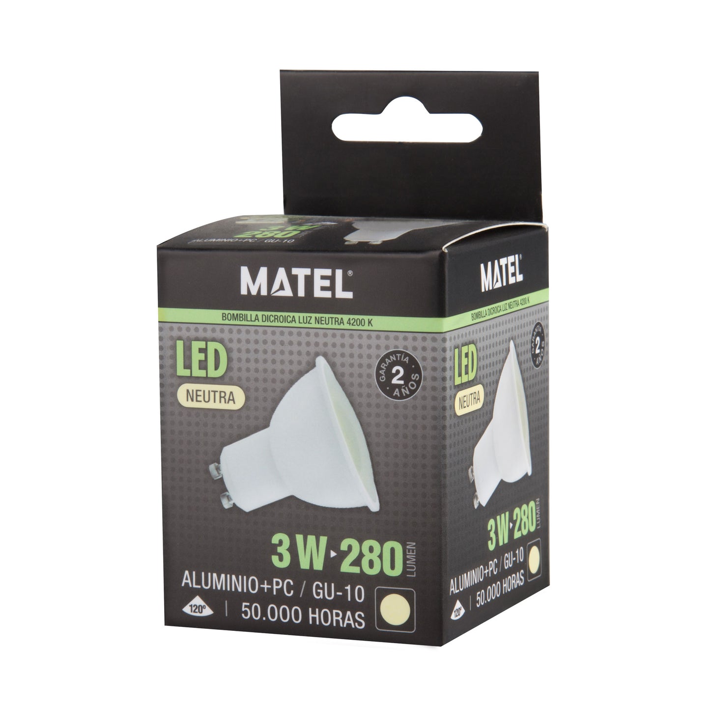 GU10 3W 4W 5W 6W 7W 8W 10W 6400K 4200K 2700K FOCO 230VAC IP20 50.000H 2 ANOS 100LM/W