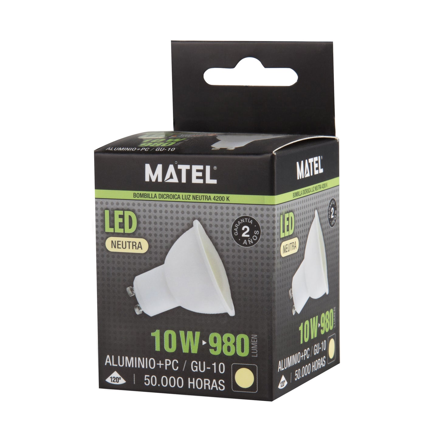 GU10 3W 4W 5W 6W 7W 8W 10W 6400K 4200K 2700K FOCO 230VAC IP20 50.000H 2 ANOS 100LM/W