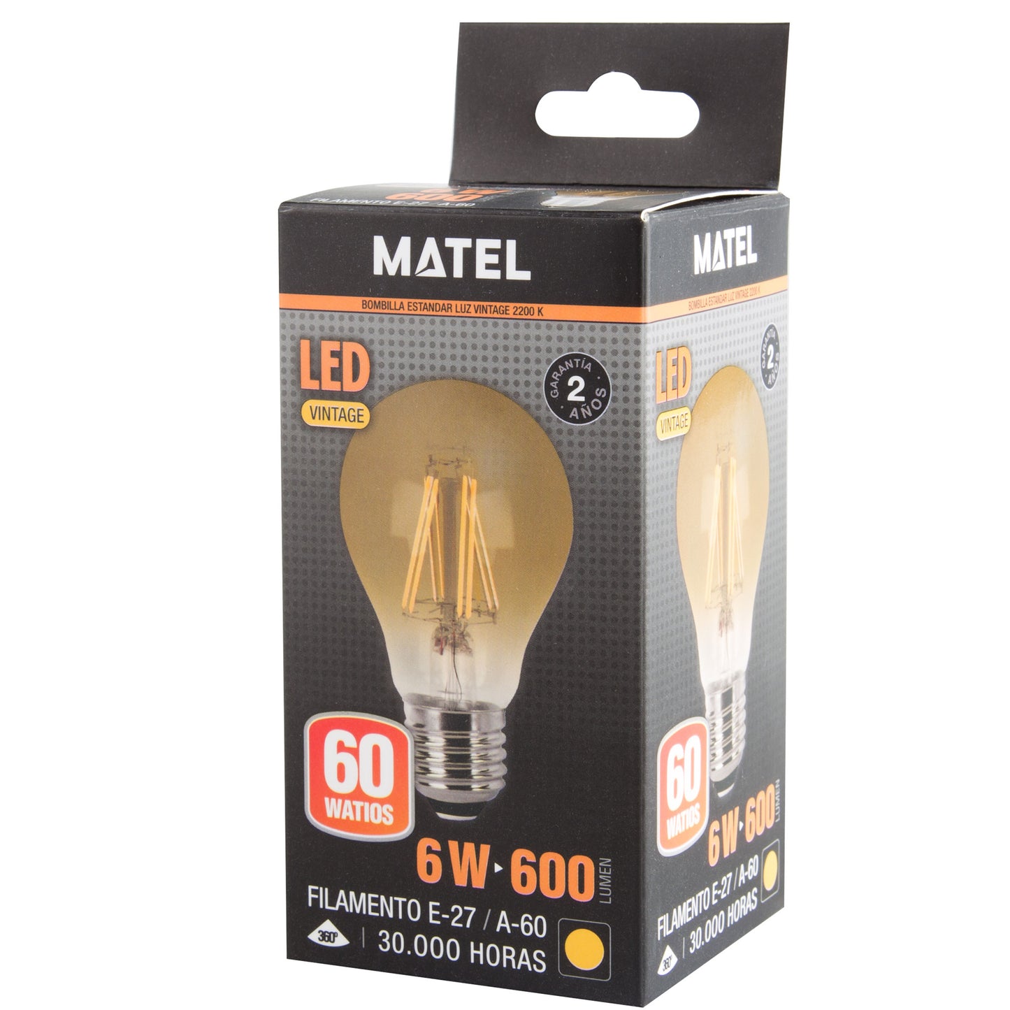 LAMPADA LED E27 2200 K VINTAGE A60 PERA GLOBO FILAMENTO 360º