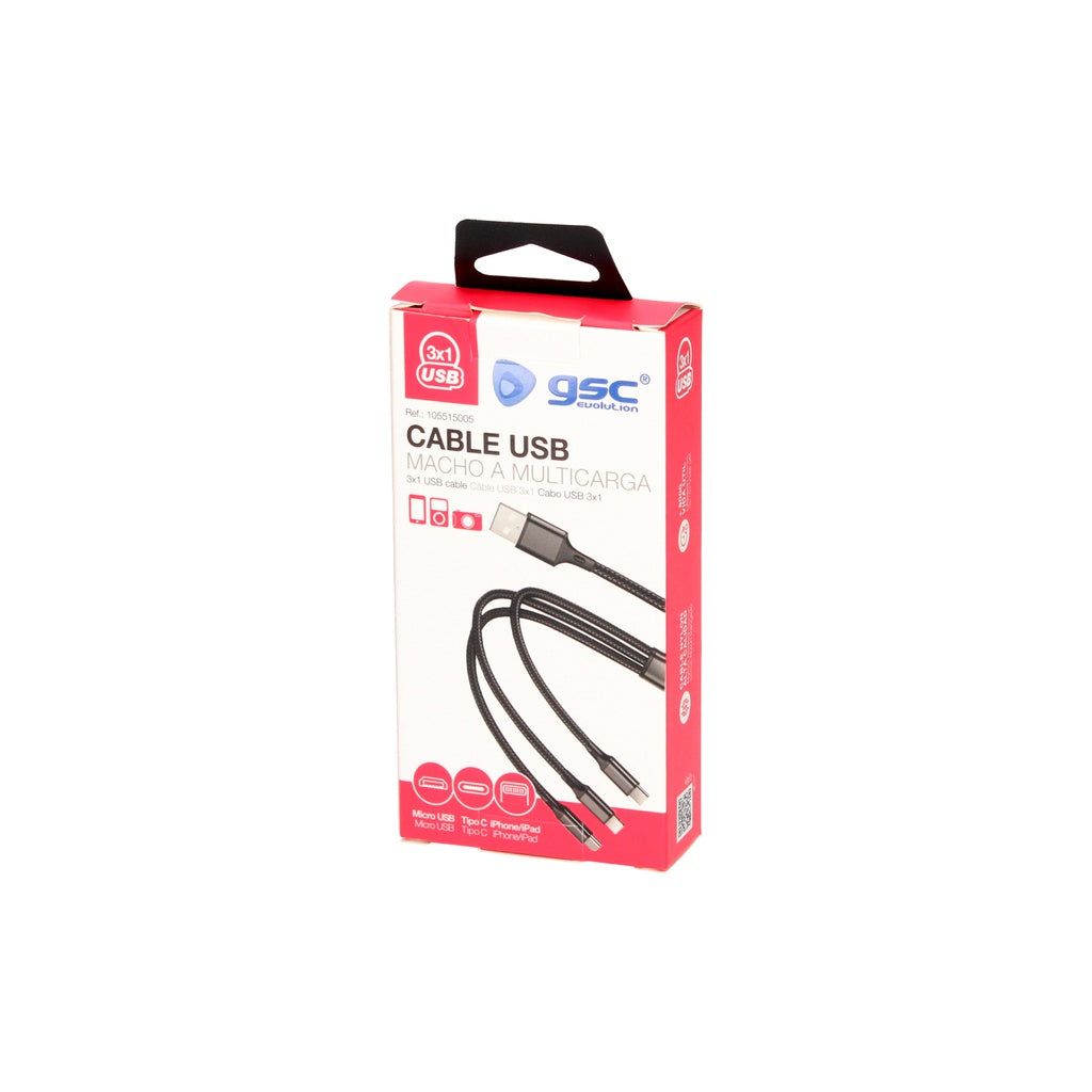 USB macho para cabo multicarga (micro USB macho, tipo C, iPhone)