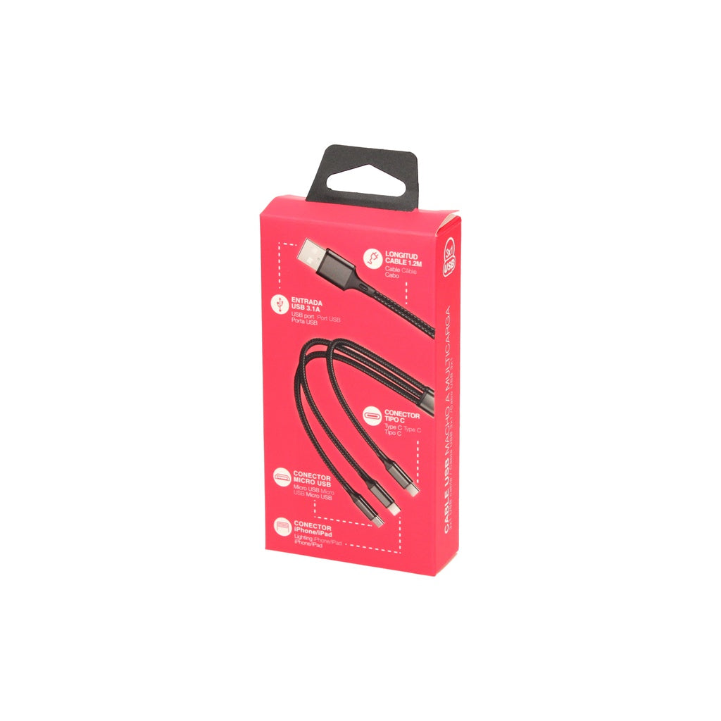 USB macho para cabo multicarga (micro USB macho, tipo C, iPhone)