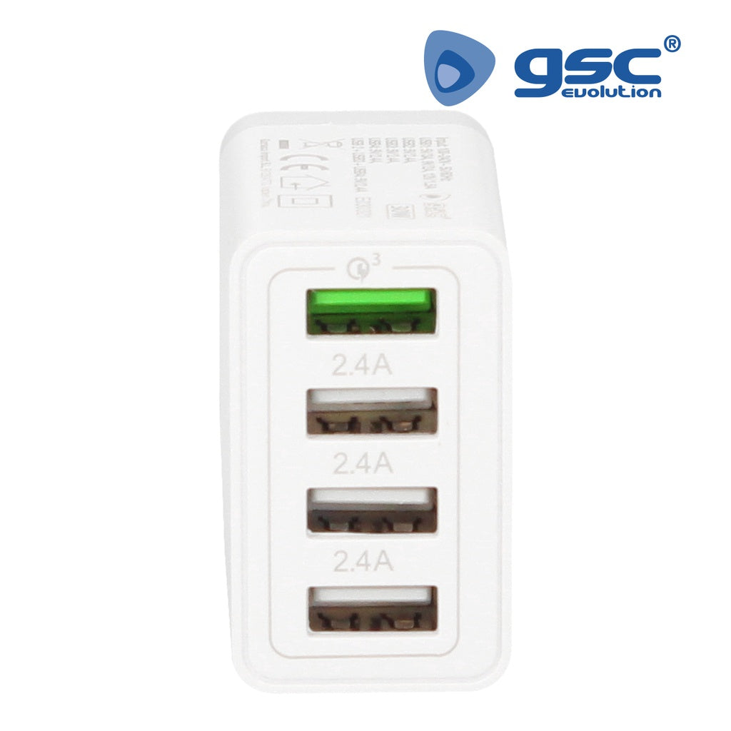 Carregador de 230V para 4 USB: 1xQC3.0 + 3x2.4A
