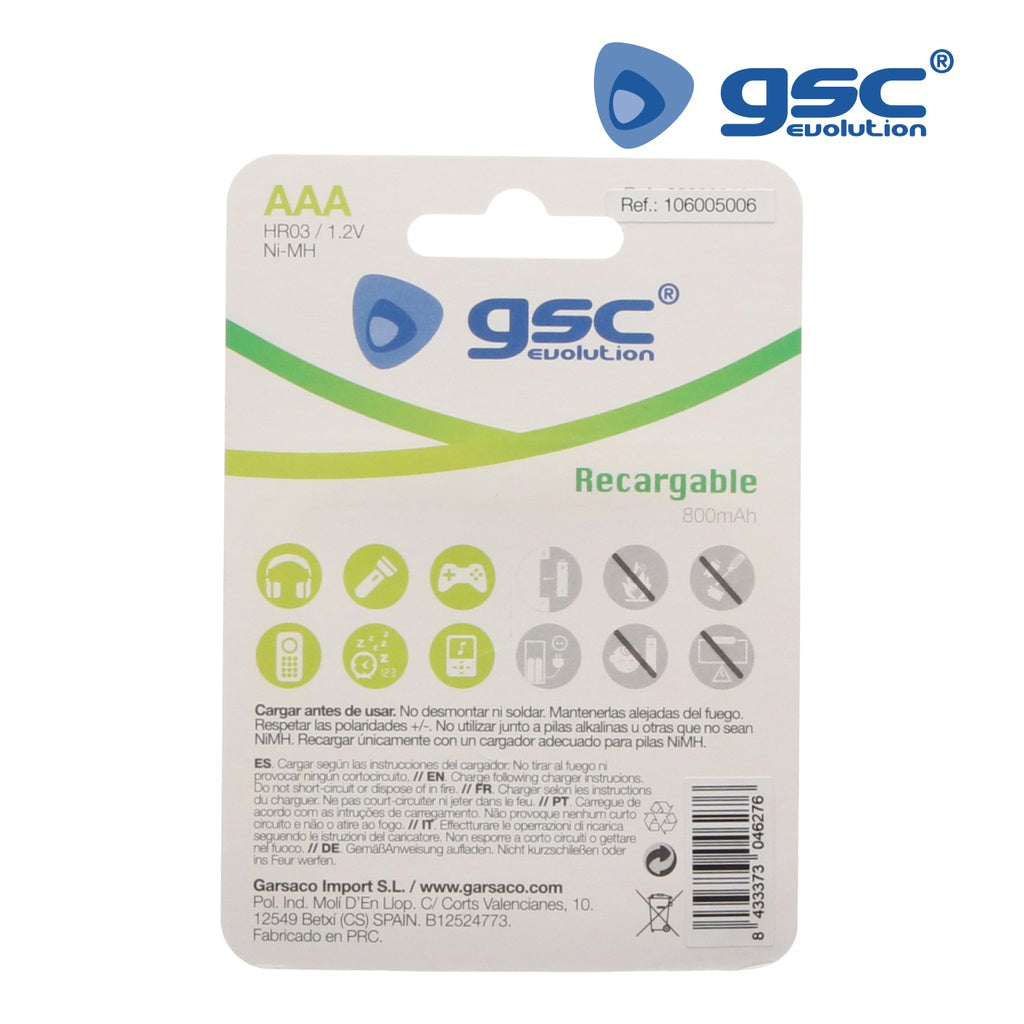 Bateria recarregável GSC HR03 (AAA) 1.2V 800mAh Blister 2uds