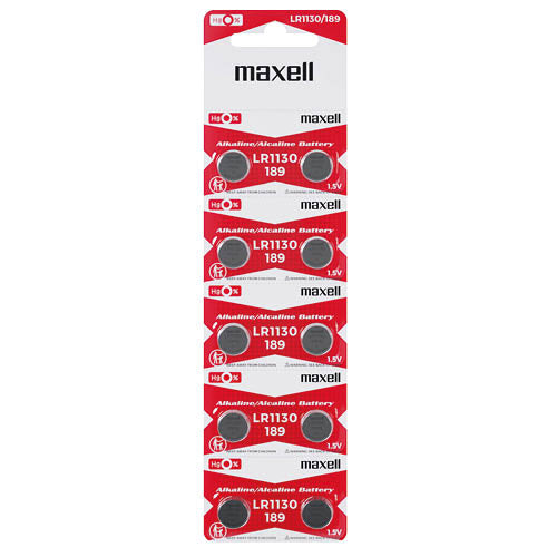 Blister 10 pilhas botão alcalinas Maxell LR1130.
