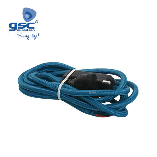 Textile cable 1.5M (2x0.75mm) plug+int Blue 