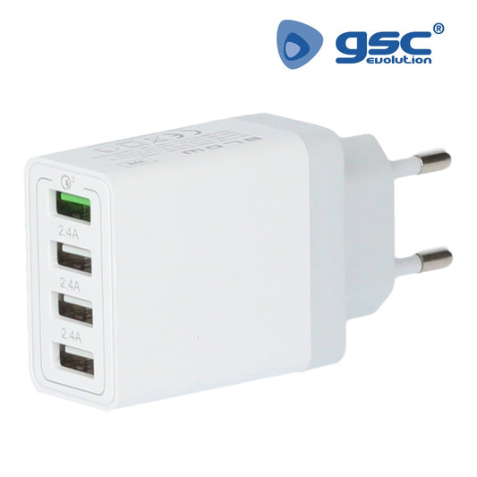 230V to 4 USB Charger: 1xQC3.0 + 3x2.4A 