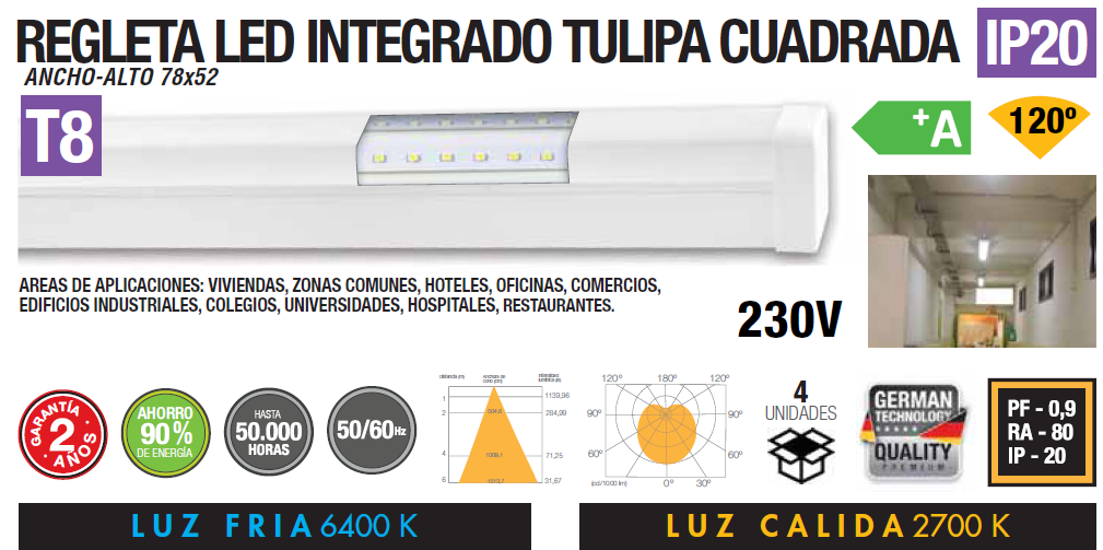 RÉGUA LED INTEGRADO TAMPA QUADRADA 18W 36W IP20 120º T8 230V AC