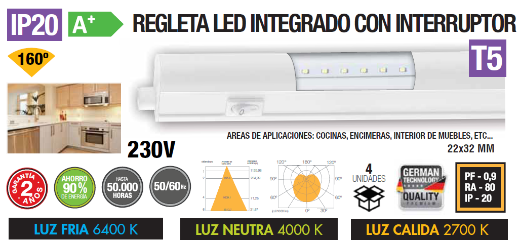 RÉGUA LED INTEGRADO COM INTERRUPTOR 5W 8W 12W 16W T5 IP20 160º 230V AC