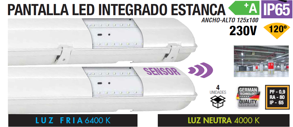 ARMADURA LED INTEGRADO ESTANCA IP65 18W 20W 36W 40W 48W 50W 120º COM OU SEM SENSOR 230V AC