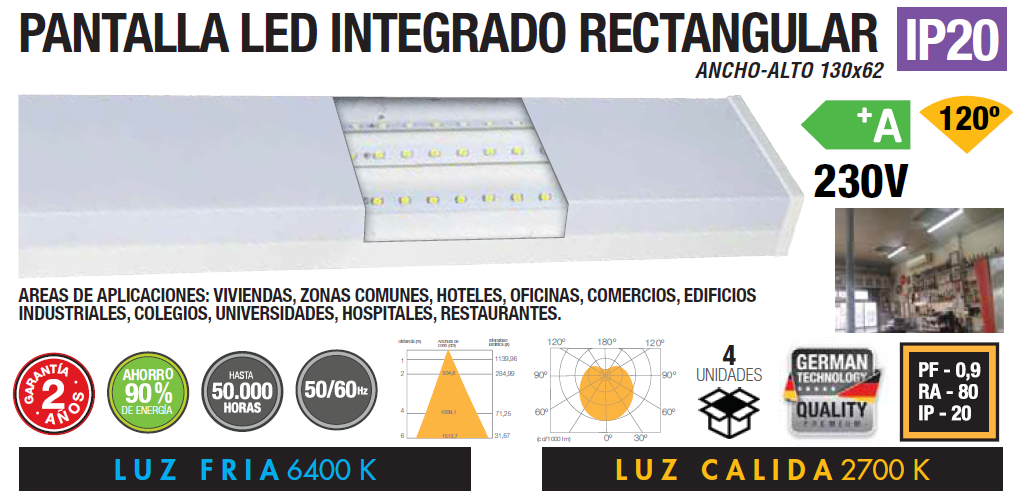 ARMADURA LED RECTANGULAR 24W 600MM 48W 1200MM 120º IP20 230V