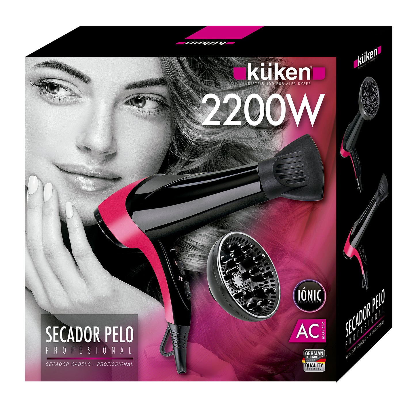 PROFESSIONAL HAIR DRYER IONIC BLACK AND MAGENTA 2200W 
