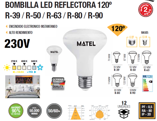 LAMPES LED E14 E27 3W 6W 8W 10W 13W RÉFLECTEURS 120º R39 R50 R63 R80 R90 230V AC 