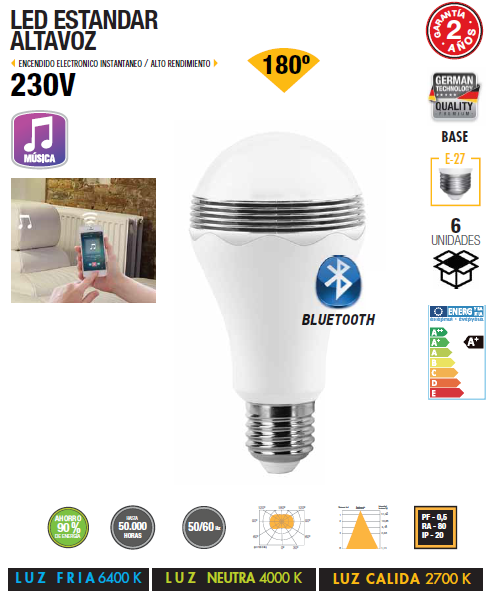 LAMPADA LED E27 7W A60 COM COLUNA BLUETOOTH 230V AC