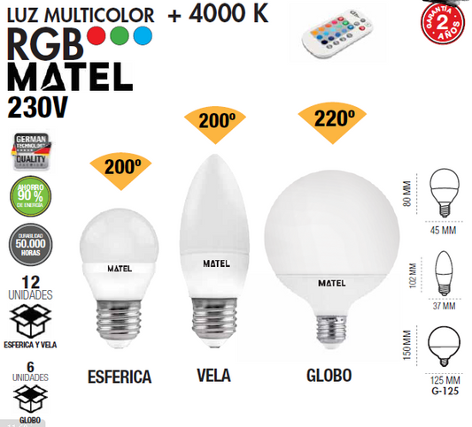 LED LAMP E27 E14 SPHERIC CANDLE GLOBE RGB MORE 4000 K WITHOUT CONTROL 