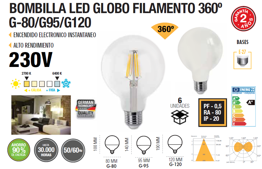 LAMPE LED E27 GLOBE FILAMENT TRANSPARENT 360º G80 G95 G125 230V AC 