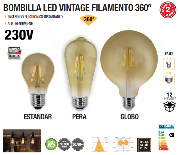 LAMPADA LED E27 2200 K VINTAGE A60 PERA GLOBO FILAMENTO 360º