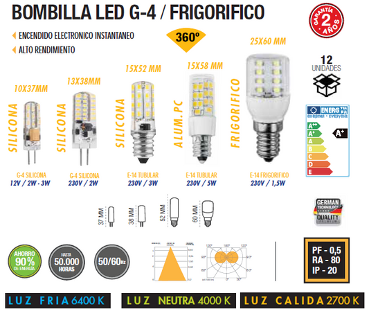 LAMPES LED SILICONE / ALUMINIUM / CÉRAMIQUE RÉFRIGÉRATEUR MINI E14 / G4 12V DC/AC OU 230 VAC 
