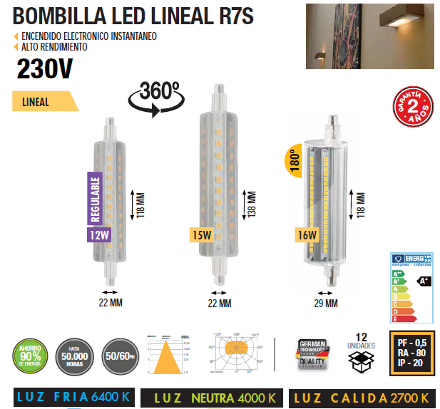 LAMPE LED LINÉAIRE R7S RÉGLABLE 360º 180º 