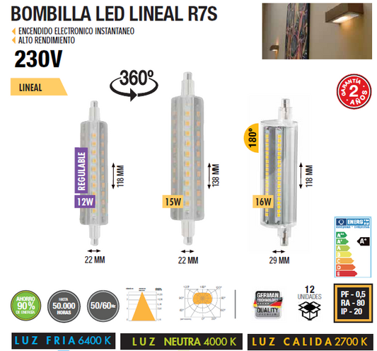 LAMPE LED LINÉAIRE R7S RÉGLABLE 360º 180º 