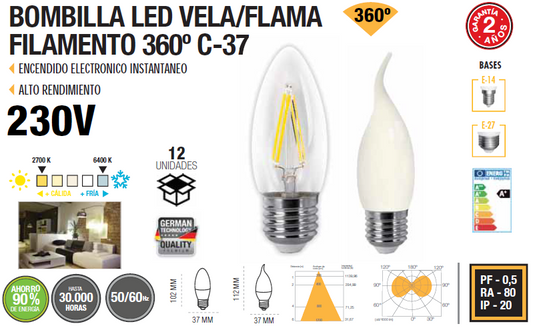 LAMPADA LED E27 E14 TRANSPARENTE 2700 K 6400 K VELA CHAMA FILAMENTO 360º C37
