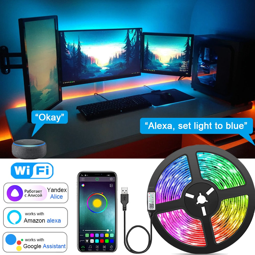 Fita LED Wifi Faixa de Luzes de Sincronização de Música RGB 5050 Fita de LED Alexa Faixa de Luzes Inteligente para Decoração de Sala de Festas TV Retro iluminação